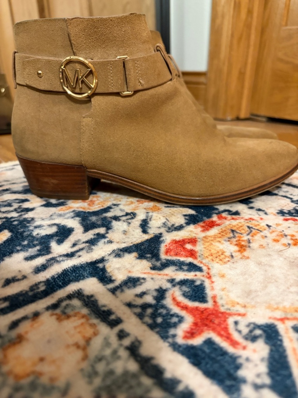 Michael Kors Camel Suede Ankle Booties with Logo Buckle